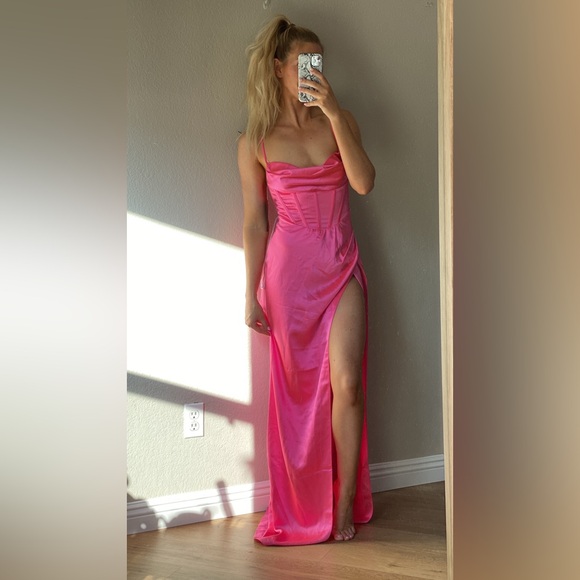 RETROFETE Bubblegum Satin Draped Neck Sleeveless Cutout Back Corset Dress